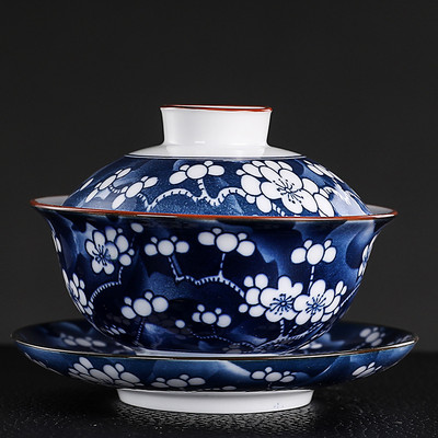 Vintage zilā un baltā porcelāna Gaiwan rokām darināta keramikas tējas krūze, pārnēsājama ceļojumu tējas trauks, ķīniešu mājas tējas trauks personīgā krūze 150 ml