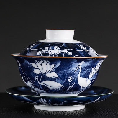 Vintage zilā un baltā porcelāna Gaiwan rokām darināta keramikas tējas krūze, pārnēsājama ceļojumu tējas trauks, ķīniešu mājas tējas trauks personīgā krūze 150 ml
