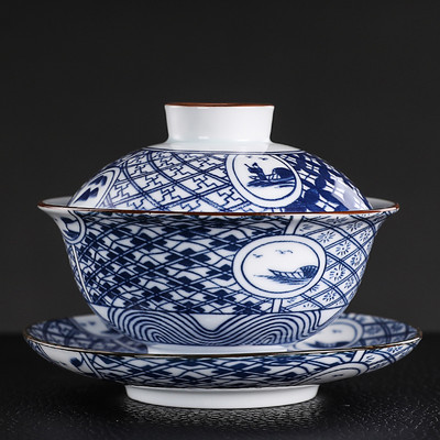 Vintage zilā un baltā porcelāna Gaiwan rokām darināta keramikas tējas krūze, pārnēsājama ceļojumu tējas trauks, ķīniešu mājas tējas trauks personīgā krūze 150 ml