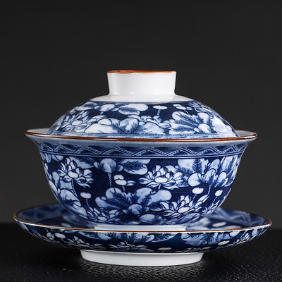 Vintage zilā un baltā porcelāna Gaiwan rokām darināta keramikas tējas krūze, pārnēsājama ceļojumu tējas trauks, ķīniešu mājas tējas trauks personīgā krūze 150 ml