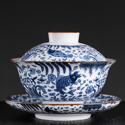 Vintage zilā un baltā porcelāna Gaiwan rokām darināta keramikas tējas krūze, pārnēsājama ceļojumu tējas trauks, ķīniešu mājas tējas trauks personīgā krūze 150 ml