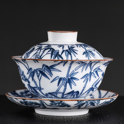 Vintage zilā un baltā porcelāna Gaiwan rokām darināta keramikas tējas krūze, pārnēsājama ceļojumu tējas trauks, ķīniešu mājas tējas trauks personīgā krūze 150 ml