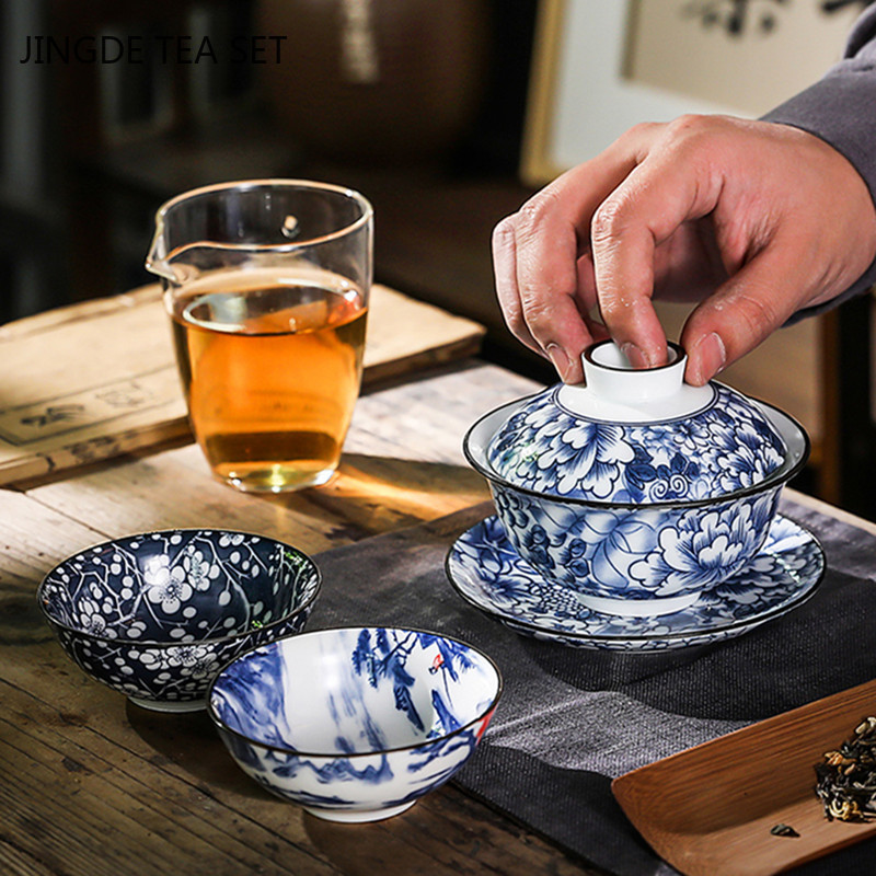 Vintage zilā un baltā porcelāna Gaiwan rokām darināta keramikas tējas krūze, pārnēsājama ceļojumu tējas trauks, ķīniešu mājas tējas trauks personīgā krūze 150 ml