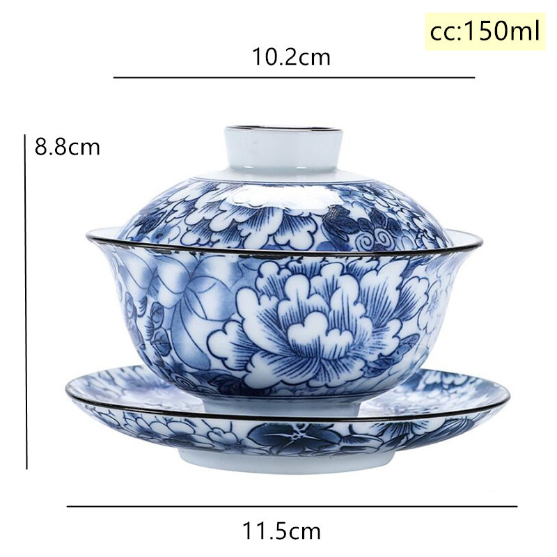 Vintage zilā un baltā porcelāna Gaiwan rokām darināta keramikas tējas krūze, pārnēsājama ceļojumu tējas trauks, ķīniešu mājas tējas trauks personīgā krūze 150 ml