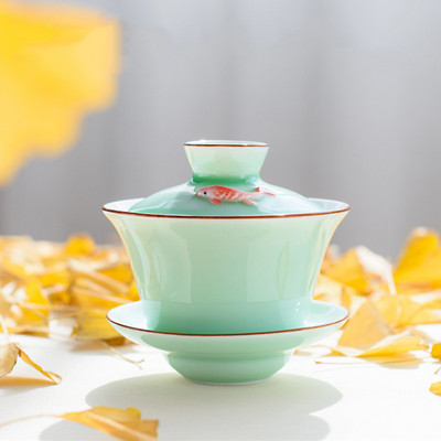 Kínai kerámia kis hal Gaiwan teáscsésze utazási teástál Kézzel készített Celadon teás edények Kiegészítők Italeszközök Személyes csésze 140 ml