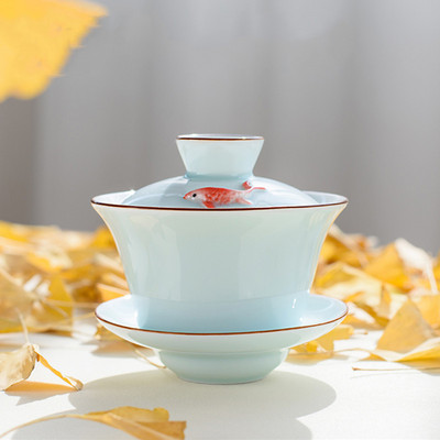 Kínai kerámia kis hal Gaiwan teáscsésze utazási teástál Kézzel készített Celadon teás edények Kiegészítők Italeszközök Személyes csésze 140 ml