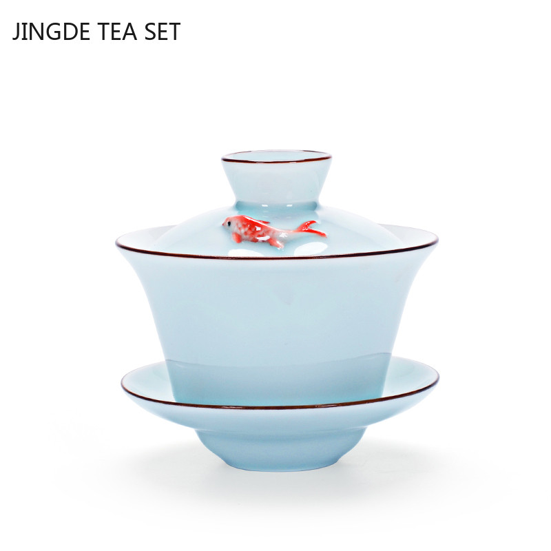 Kínai kerámia kis hal Gaiwan teáscsésze utazási teástál Kézzel készített Celadon teás edények Kiegészítők Italeszközök Személyes csésze 140 ml