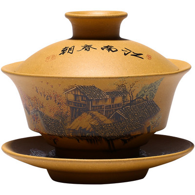 Yixing purpursarkanā māla tēja Gaiwan tējas krūze ar rokām apgleznota tēja Tureen ķīniešu retro tējas komplekta piederumi Tējas ceremonijas dzēriens Mājas 120ml