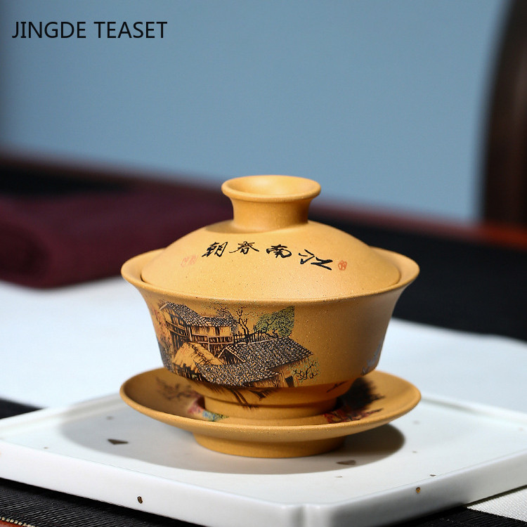 Yixing purpursarkanā māla tēja Gaiwan tējas krūze ar rokām apgleznota tēja Tureen ķīniešu retro tējas komplekta piederumi Tējas ceremonijas dzēriens Mājas 120ml