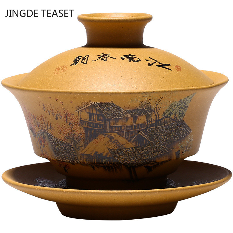 Yixing purpursarkanā māla tēja Gaiwan tējas krūze ar rokām apgleznota tēja Tureen ķīniešu retro tējas komplekta piederumi Tējas ceremonijas dzēriens Mājas 120ml