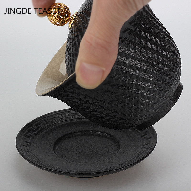 Dehua Melnā keramika Keramika Gaiwan Tējas krūze Ar rokām gatavota tēja ķīniešu retro tējas komplekts Aksesuāri Master Cup Mājas Dzērieni 210ml