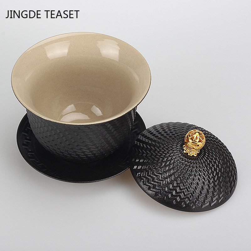 Dehua Melnā keramika Keramika Gaiwan Tējas krūze Ar rokām gatavota tēja ķīniešu retro tējas komplekts Aksesuāri Master Cup Mājas Dzērieni 210ml