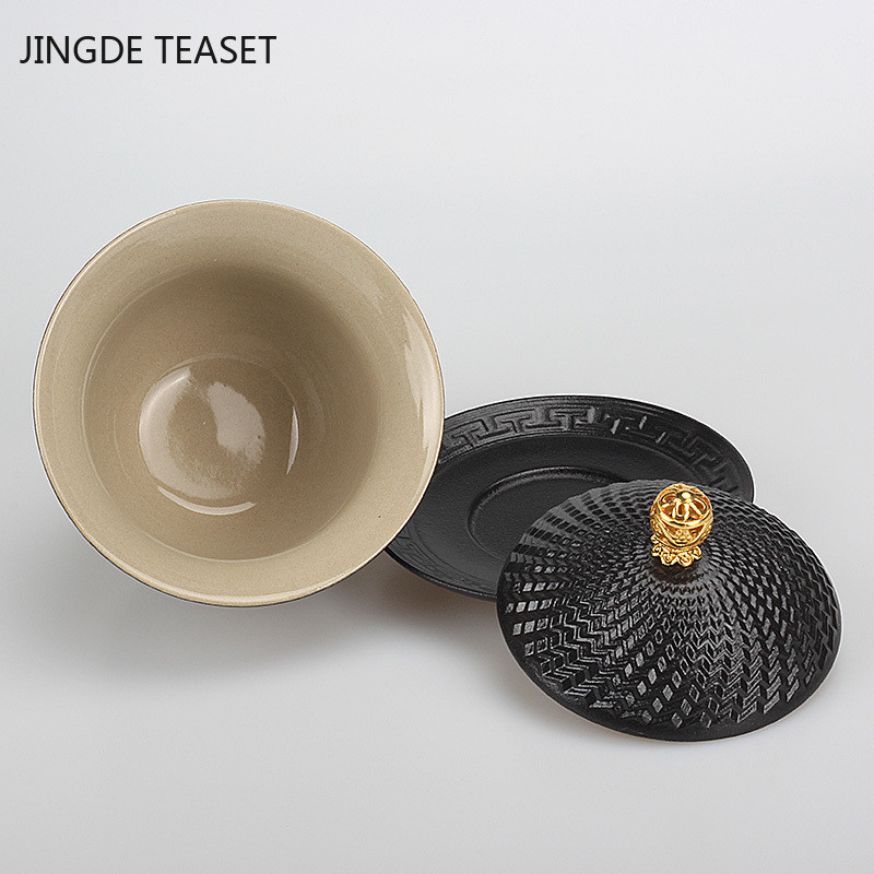 Dehua Melnā keramika Keramika Gaiwan Tējas krūze Ar rokām gatavota tēja ķīniešu retro tējas komplekts Aksesuāri Master Cup Mājas Dzērieni 210ml