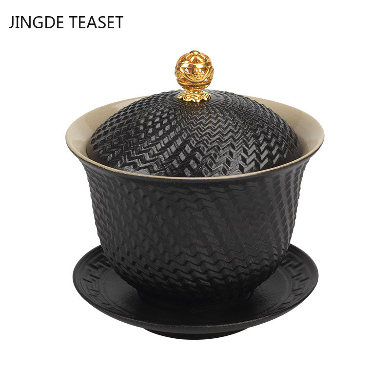 Dehua Melnā keramika Keramika Gaiwan Tējas krūze Ar rokām gatavota tēja ķīniešu retro tējas komplekts Aksesuāri Master Cup Mājas Dzērieni 210ml