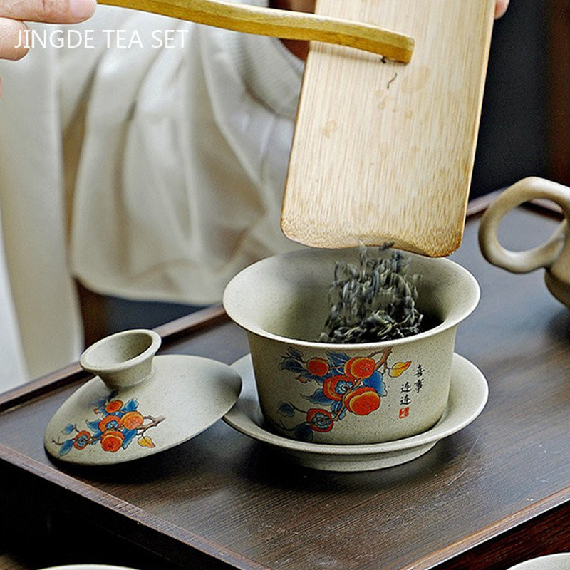 130 ml pielāgota rupja keramika Gaiwan antīkas keramikas tējas infūzijas pārnēsājams skaistumkopšanas ķīniešu tējas komplekts ar vāku Tējas krūzes tējas trauks