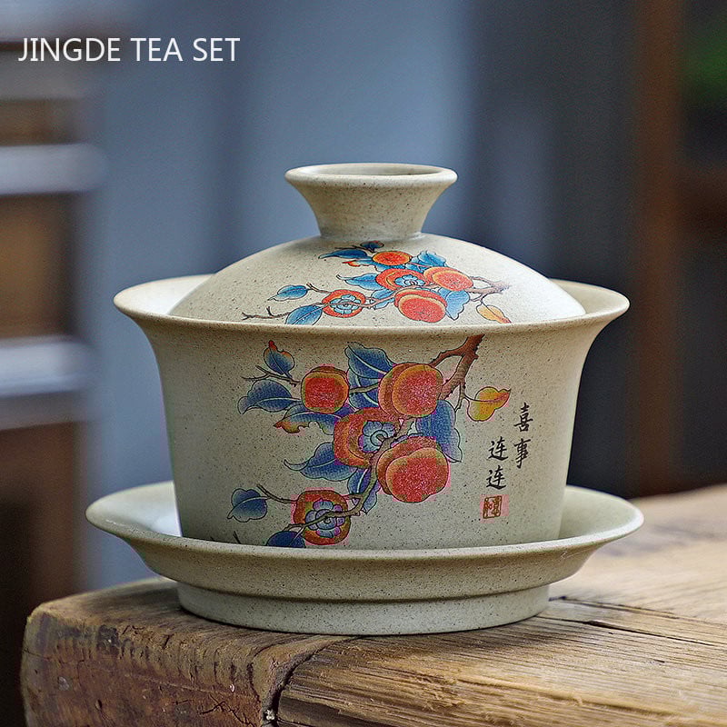130 ml pielāgota rupja keramika Gaiwan antīkas keramikas tējas infūzijas pārnēsājams skaistumkopšanas ķīniešu tējas komplekts ar vāku Tējas krūzes tējas trauks