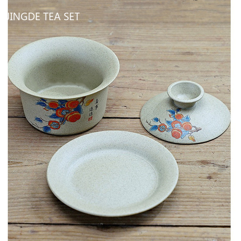 130 ml pielāgota rupja keramika Gaiwan antīkas keramikas tējas infūzijas pārnēsājams skaistumkopšanas ķīniešu tējas komplekts ar vāku Tējas krūzes tējas trauks