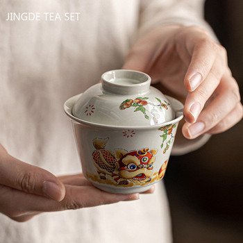 Керамична ръчно изработена Gaiwan Creative Color Painting Lion Tea Tureen Преносима офисна купа за чай с капак Чаша за чай Китайски сервиз за чай