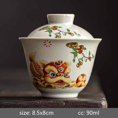 Keramikas roku darbs Gaiwan Creative Color Painting Lion Tea Tureen Pārnēsājama biroja tējas bļoda ar vāku tējtasīti Ķīniešu tējas komplekts
