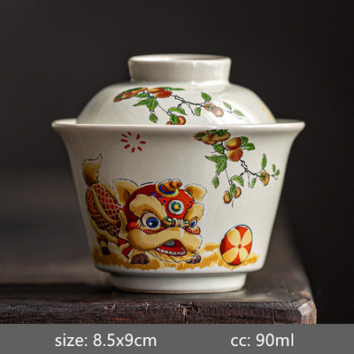 Keramikas roku darbs Gaiwan Creative Color Painting Lion Tea Tureen Pārnēsājama biroja tējas bļoda ar vāku tējtasīti Ķīniešu tējas komplekts