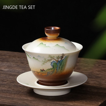 Винтидж керамична супница за чай Ръчно рисуван пейзаж Gaiwan Домашна керамика Чаша за чай Китайски сервиз за чай Аксесоари Консумативи за маса за чай