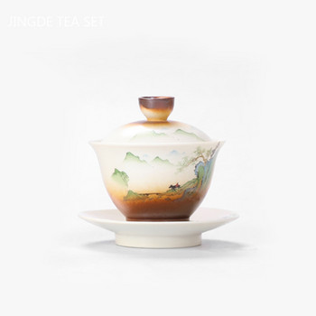 Vintage κεραμικό τσάι Tureen ζωγραφισμένο στο χέρι Τοπίο Gaiwan Home Pottery Tea Cup Αξεσουάρ Κινεζικό σετ τσαγιού Αξεσουάρ Τραπεζάκι τσαγιού