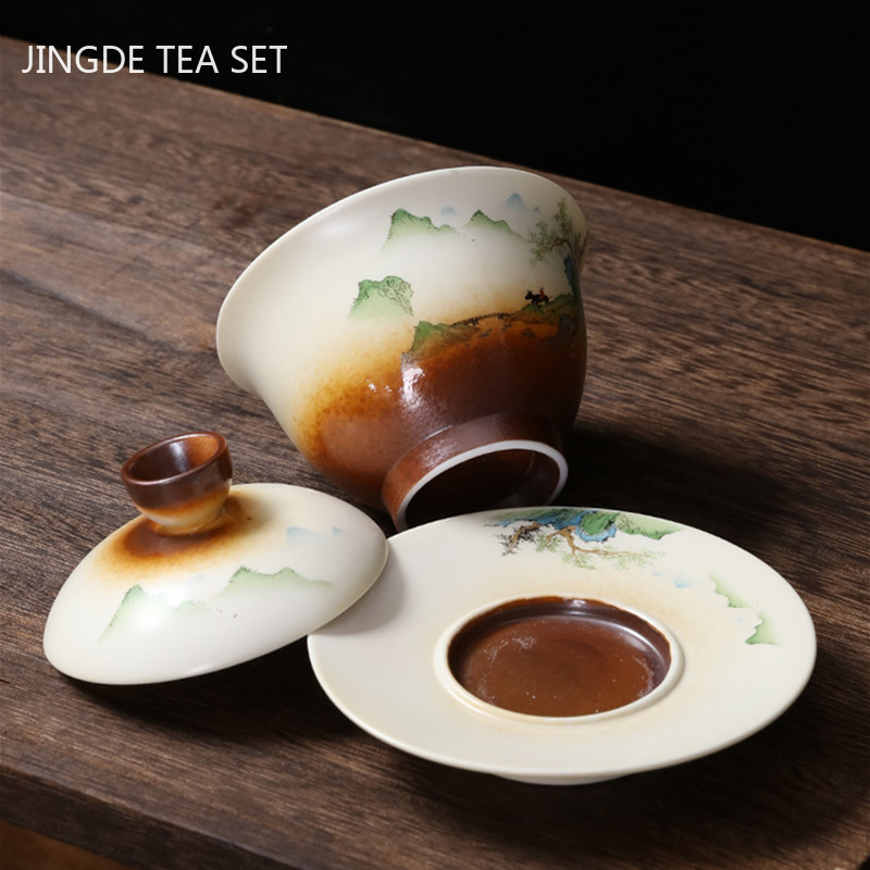 Vintage kerámia tea tureen kézzel festett táj Gaiwan Otthon Fazekas tea csésze Kínai teáskészlet tartozékok Teásasztal kellékek