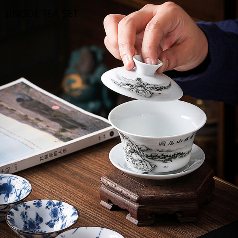 Kiniškas mėlynos ir baltos spalvos porcelianinis „Gaiwan“ nešiojamas kelioninis arbatos dubuo namų keraminis arbatos puodelis Rankų darbo arbatos indas asmeninis vienas puodelis 140 ml