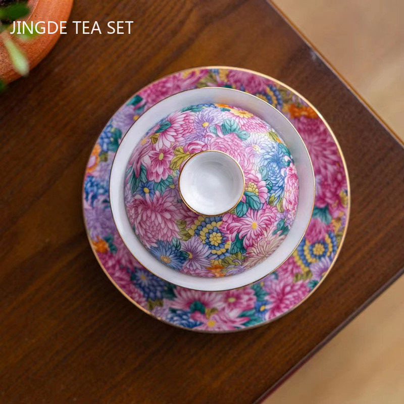 Palace Style keramikas Gaiwan emaljas krāsa ar vāku tējtasīti Light Luxury Chinese Beauty Tea Infuser Mājas tējas komplekta piederumi