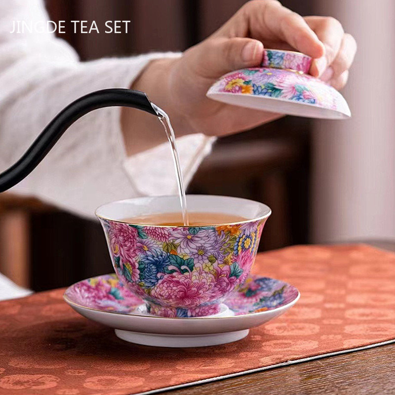 Palace Style keramikas Gaiwan emaljas krāsa ar vāku tējtasīti Light Luxury Chinese Beauty Tea Infuser Mājas tējas komplekta piederumi