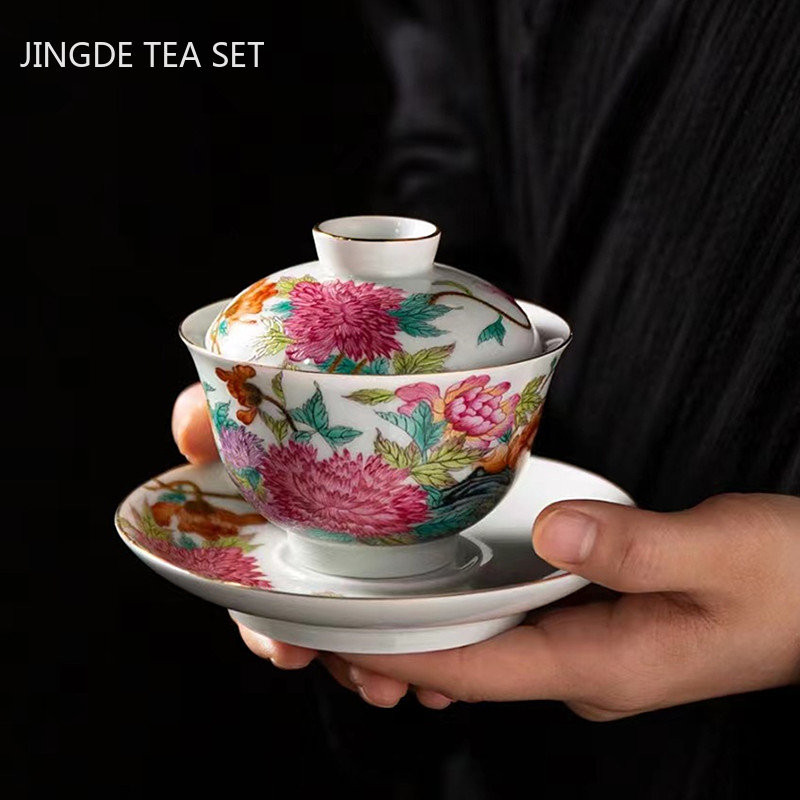 Palace Style keramikas Gaiwan emaljas krāsa ar vāku tējtasīti Light Luxury Chinese Beauty Tea Infuser Mājas tējas komplekta piederumi