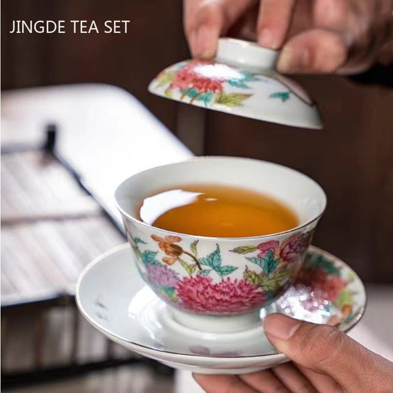 Palace Style keramikas Gaiwan emaljas krāsa ar vāku tējtasīti Light Luxury Chinese Beauty Tea Infuser Mājas tējas komplekta piederumi