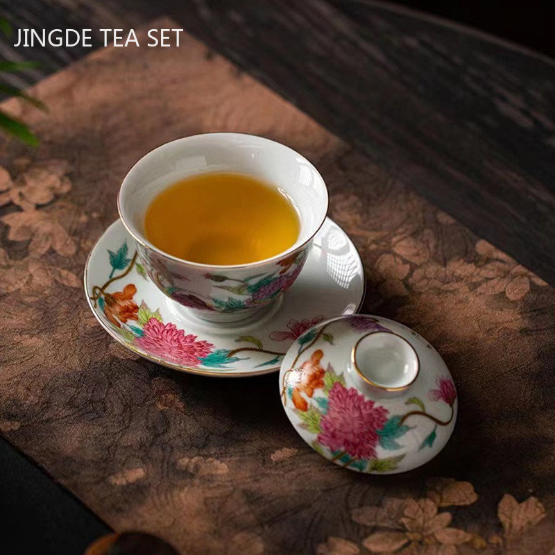 Palace Style keramikas Gaiwan emaljas krāsa ar vāku tējtasīti Light Luxury Chinese Beauty Tea Infuser Mājas tējas komplekta piederumi
