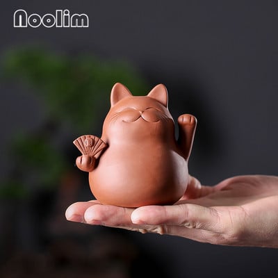 Ceai de pisică norocoasă din argilă violetă Figurine de animale mici drăguțe realizate manual Artizanat creativ din ceramică Ornamente de decorare pentru masă ceainărie