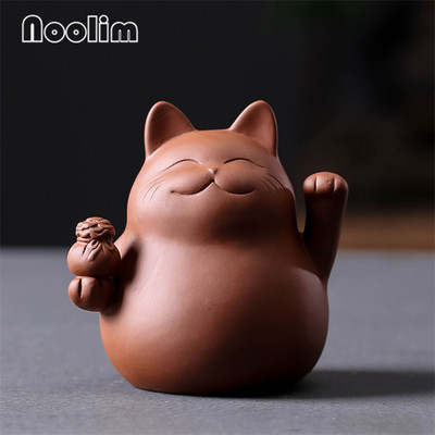 Violetinė molio Lucky Cat arbata augintinė Rankų darbo mielos mažų gyvūnų figūrėlės Kūrybiški keraminiai amatai Arbatinės stalo dekoravimo papuošalai