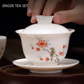 Ķīniešu suet nefrīta balts porcelāns Gaiwan tējas krūze ar rokām apgleznoti ziedi ar rakstu keramikas tējas trauks mājas tējas trauki dzēriena trauki 170 ml