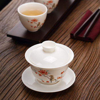 Чаша за чай Gaiwan от китайски сует и нефрит, бял порцелан, ръчно рисувани цветя, шарки, керамична купа за чай, домашни прибори за чай, съдове за пиене, 170 ml