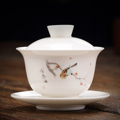 Ķīniešu suet nefrīta balts porcelāns Gaiwan tējas krūze ar rokām apgleznoti ziedi ar rakstu keramikas tējas trauks mājas tējas trauki dzēriena trauki 170 ml