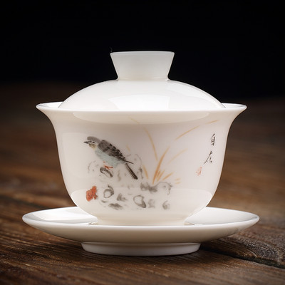 Ķīniešu suet nefrīta balts porcelāns Gaiwan tējas krūze ar rokām apgleznoti ziedi ar rakstu keramikas tējas trauks mājas tējas trauki dzēriena trauki 170 ml
