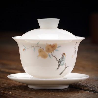Ķīniešu suet nefrīta balts porcelāns Gaiwan tējas krūze ar rokām apgleznoti ziedi ar rakstu keramikas tējas trauks mājas tējas trauki dzēriena trauki 170 ml