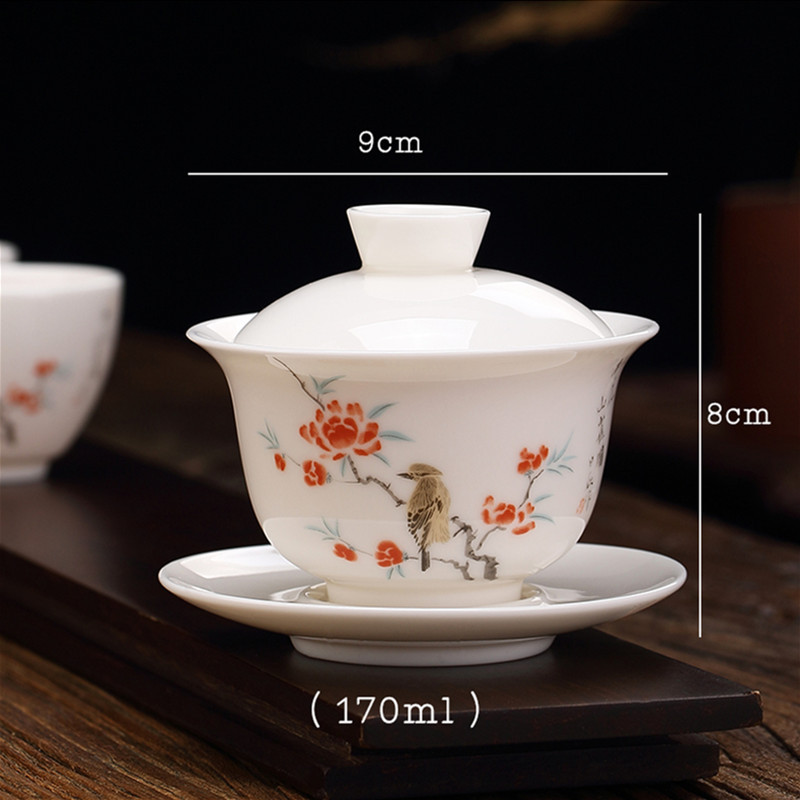 Ķīniešu suet nefrīta balts porcelāns Gaiwan tējas krūze ar rokām apgleznoti ziedi ar rakstu keramikas tējas trauks mājas tējas trauki dzēriena trauki 170 ml