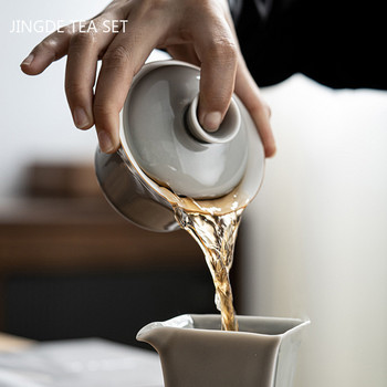 Традиционна керамика със сива глазура Gaiwan Домашно ръчно изработена супница за чай Плътен цвят с капак Чаша за път Преносими принадлежности за чай