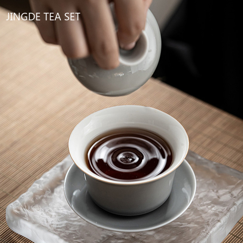 Tradicionālas keramikas pelēkas glazūras Gaiwan mājas ar rokām gatavota tēja tēja vienkrāsains ar vāku tējkrūzei ceļojumu pārnēsājami tējas piederumi