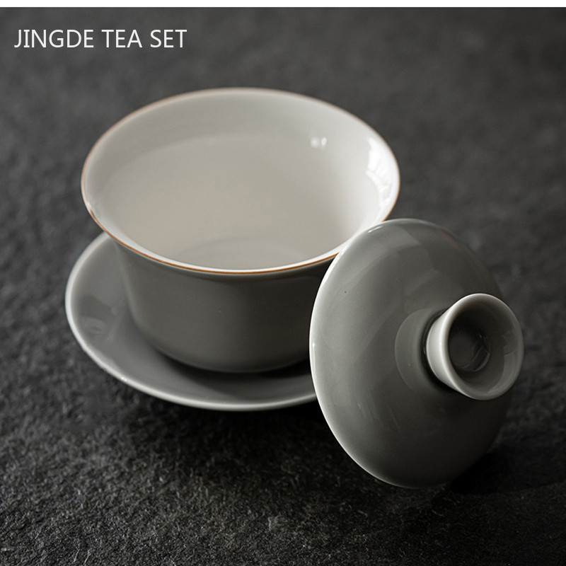 Tradicionālas keramikas pelēkas glazūras Gaiwan mājas ar rokām gatavota tēja tēja vienkrāsains ar vāku tējkrūzei ceļojumu pārnēsājami tējas piederumi