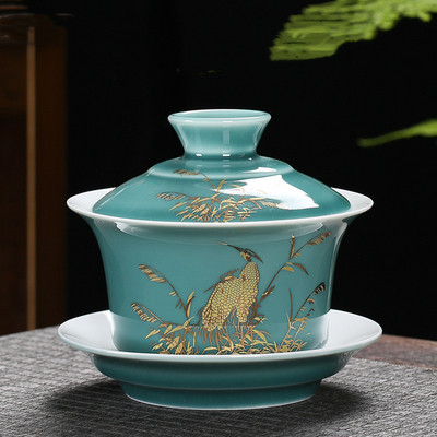 Ķīniešu roku darbs, balts porcelāns Gaiwan, rokām apgleznoti ziedi, tējas trauks, sadzīves keramikas tējas trauki, dzēriena trauki, personīgais kauss 230 ml