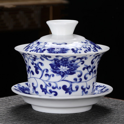 Ķīniešu roku darbs, balts porcelāns Gaiwan, rokām apgleznoti ziedi, tējas trauks, sadzīves keramikas tējas trauki, dzēriena trauki, personīgais kauss 230 ml