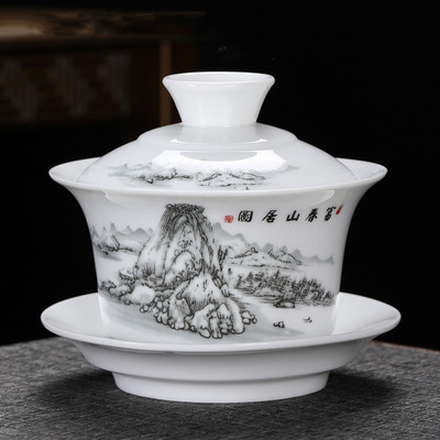 Ķīniešu roku darbs, balts porcelāns Gaiwan, rokām apgleznoti ziedi, tējas trauks, sadzīves keramikas tējas trauki, dzēriena trauki, personīgais kauss 230 ml