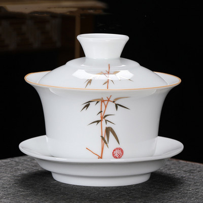 Ķīniešu roku darbs, balts porcelāns Gaiwan, rokām apgleznoti ziedi, tējas trauks, sadzīves keramikas tējas trauki, dzēriena trauki, personīgais kauss 230 ml