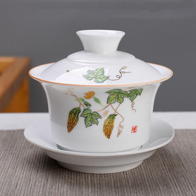 Ķīniešu roku darbs, balts porcelāns Gaiwan, rokām apgleznoti ziedi, tējas trauks, sadzīves keramikas tējas trauki, dzēriena trauki, personīgais kauss 230 ml