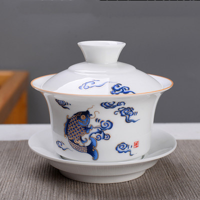 Ķīniešu roku darbs, balts porcelāns Gaiwan, rokām apgleznoti ziedi, tējas trauks, sadzīves keramikas tējas trauki, dzēriena trauki, personīgais kauss 230 ml